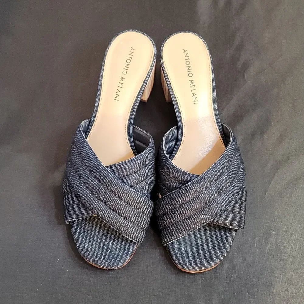 ANTONIO MELANIE CRISSCROSS DENIM JEAN LOW BLOCK HEEL OPEN TOE SANDAL G1